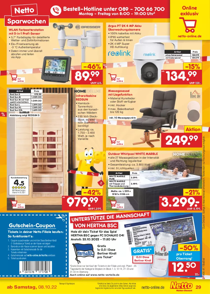 Aktueller Prospekt Netto Marken-Discount - Filial-Angebote - von 10.10 bis 15.10.2022 - strona 29 - produkty: akku, angebot, berliner, berliner kindl, bestpreis, Brufen, coupon, eis, elle, ente, gefu, gutschein, hocker, Holz, kamera, Liege, pool, reis, Ria, rum, Schal, sessel, Spektrum, steckdose, telefon, Ti, uhr, Wetterstation, Whirlpool, ZTE