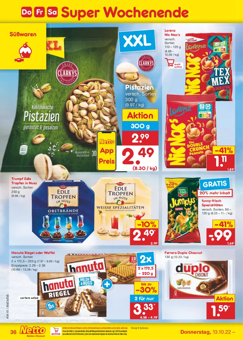 Aktueller Prospekt Netto Marken-Discount - Filial-Angebote - von 10.10 bis 15.10.2022 - strona 36 - produkty: bestpreis, duplo, eis, ferrero, funny-frisch, hanuta, lorenz, ndk, nuss, pistazien, reis, riegel, rum, Spezi, Ti, Tiere, versandkostenfrei