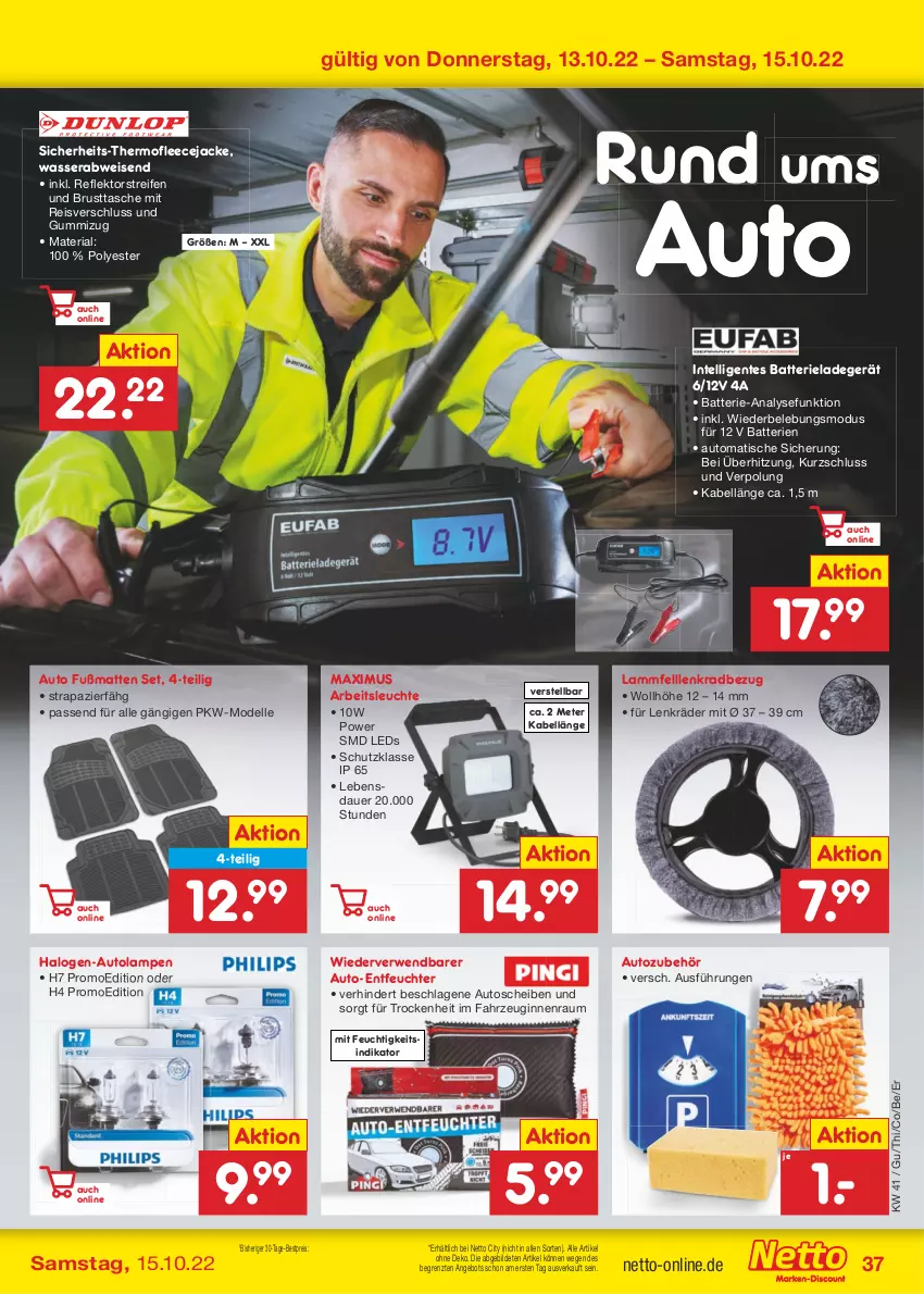 Aktueller Prospekt Netto Marken-Discount - Filial-Angebote - von 10.10 bis 15.10.2022 - strona 37 - produkty: angebot, Arbeitsleuchte, auer, auto, Autozubehör, batterie, batterien, bestpreis, dell, eis, elle, ente, Fleecejacke, Fußmatte, gin, Intel, Intelligentes Batterieladegerät, Jacke, ladegerät, lamm, Lammfell, Lampe, leds, Leuchte, Mode, passend für alle, reifen, reis, Ria, rwe, Tasche, Ti, tisch, wasser, ZTE