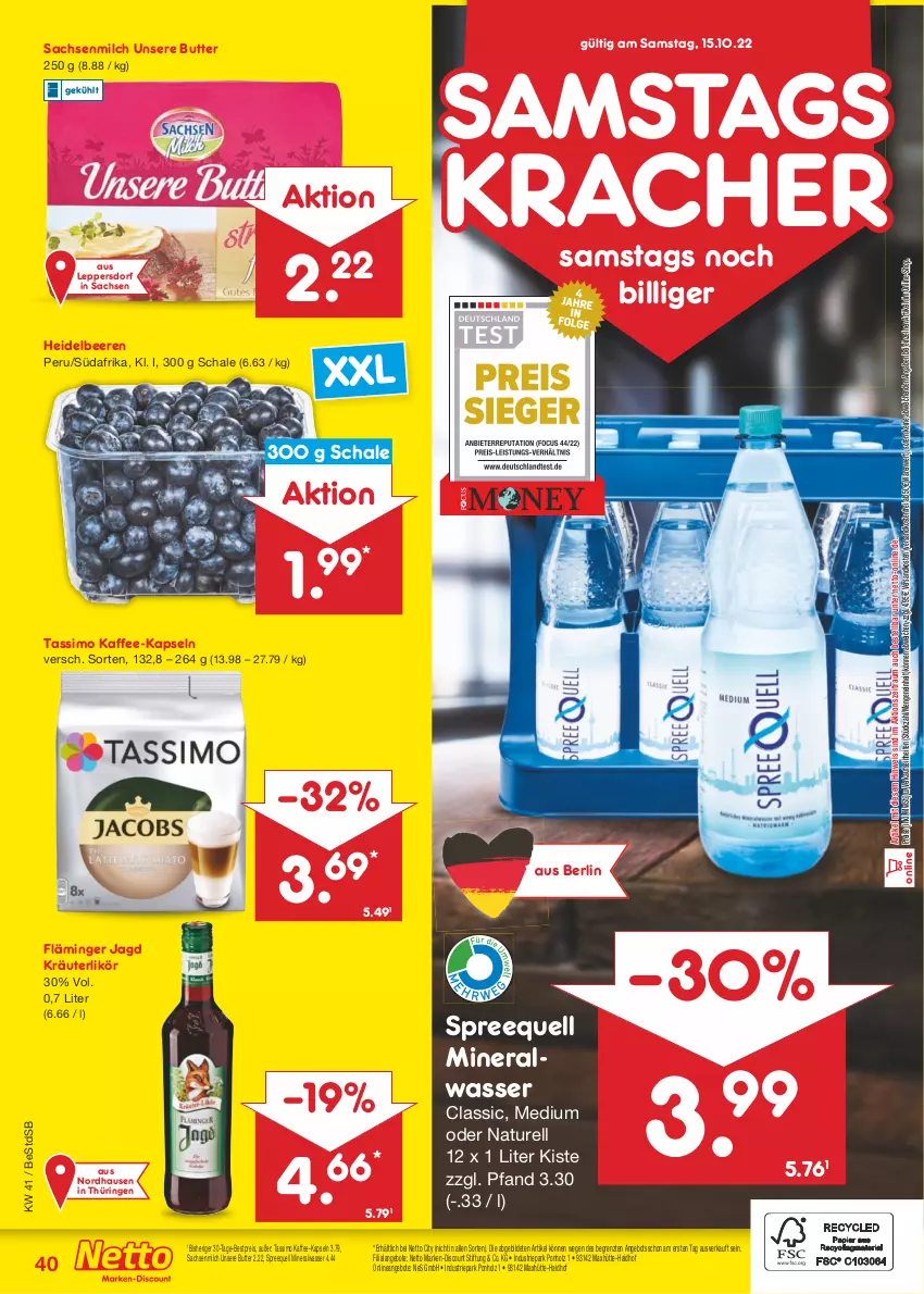 Aktueller Prospekt Netto Marken-Discount - Filial-Angebote - von 10.10 bis 15.10.2022 - strona 40 - produkty: Alwa, angebot, angebote, beere, beeren, bestpreis, butter, discount, eis, heidelbeere, heidelbeeren, Holz, kaffee, kaffee-kapseln, kracher, kräuter, kräuterlikör, likör, marken-discount, milch, mineralwasser, Mineralwasser Classic, natur, ndk, reis, rel, ring, sac, Schal, Schale, sim, Spreequell, tassimo, Ti, versandkostenfrei, wasser, ZTE