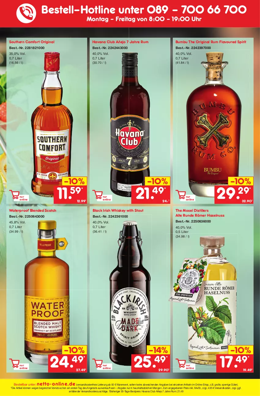 Aktueller Prospekt Netto Marken-Discount - Filial-Angebote - von 10.10 bis 15.10.2022 - strona 43 - produkty: angebot, bestpreis, blended scotch, Bumbu, eis, gin, haselnuss, Havana Club, irish whiskey, lack, ndk, nuss, reis, rum, scotch, Southern Comfort, Ti, uhr, versandkostenfrei, whiskey, ZTE