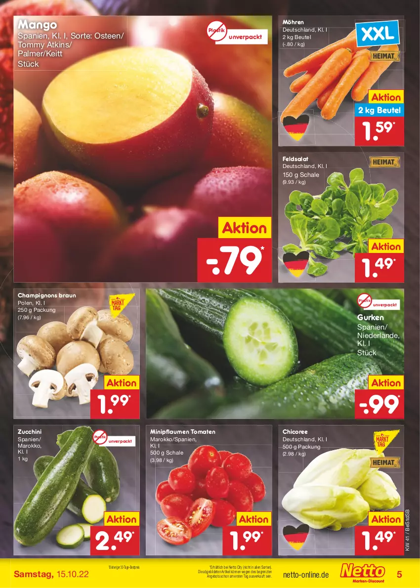 Aktueller Prospekt Netto Marken-Discount - Filial-Angebote - von 10.10 bis 15.10.2022 - strona 5 - produkty: angebot, asti, bestpreis, beutel, braun, champignon, champignons, champignons braun, eis, feldsalat, gurke, gurken, mango, möhren, pflaume, pflaumen, reis, salat, Schal, Schale, tee, Ti, tomate, tomaten, ZTE, zucchini