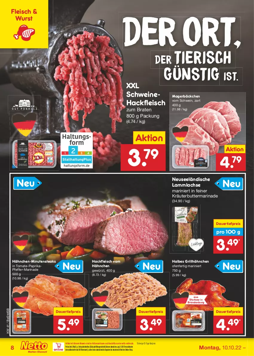 Aktueller Prospekt Netto Marken-Discount - Filial-Angebote - von 10.10 bis 15.10.2022 - strona 8 - produkty: auer, bestpreis, braten, butter, dauertiefpreis, eis, fleisch, gewürz, grill, grillhähnchen, hackfleisch, kräuter, kräuterbutter, lachs, lamm, lammlachse, marinade, minutensteaks, ndk, Ofen, paprika, pfeffer, reis, schwein, schweine, Schweinehackfleisch, steak, steaks, Ti, tiefpreis, tomate, versandkostenfrei, wein, weine, wurst