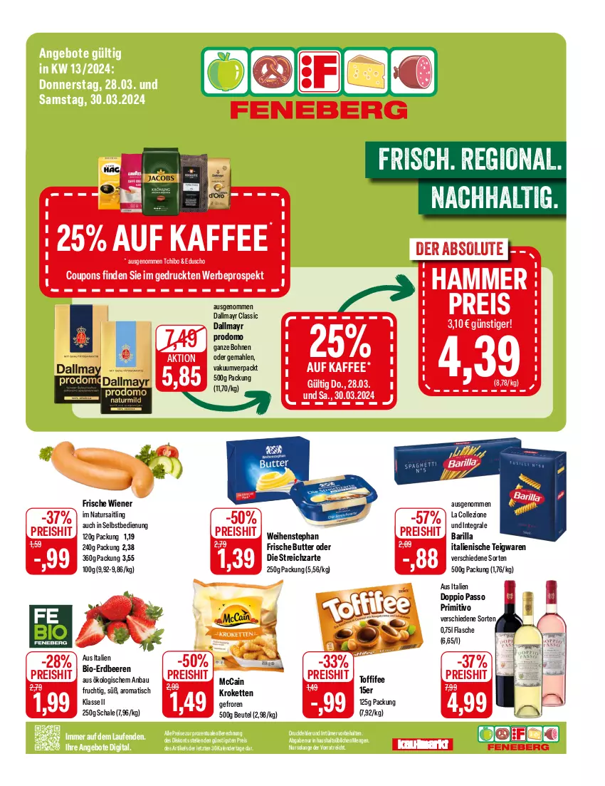 Aktueller Prospekt Feneberg - Prospekte - von 28.03 bis 30.03.2024 - strona 1 - produkty: angebot, angebote, barilla, Bau, beere, beeren, beutel, bio, bohne, bohnen, butter, coupon, coupons, dallmayr, dallmayr prodomo, doppio passo, eduscho, eis, elle, erdbeere, erdbeeren, flasche, frucht, kaffee, Kette, Kroketten, Laufen, mccain, natur, passo, primitivo, prodomo, reis, Schal, Schale, Streichzart, Tchibo, teigwaren, Ti, tisch, toffifee, weihenstephan, wiener, ZTE