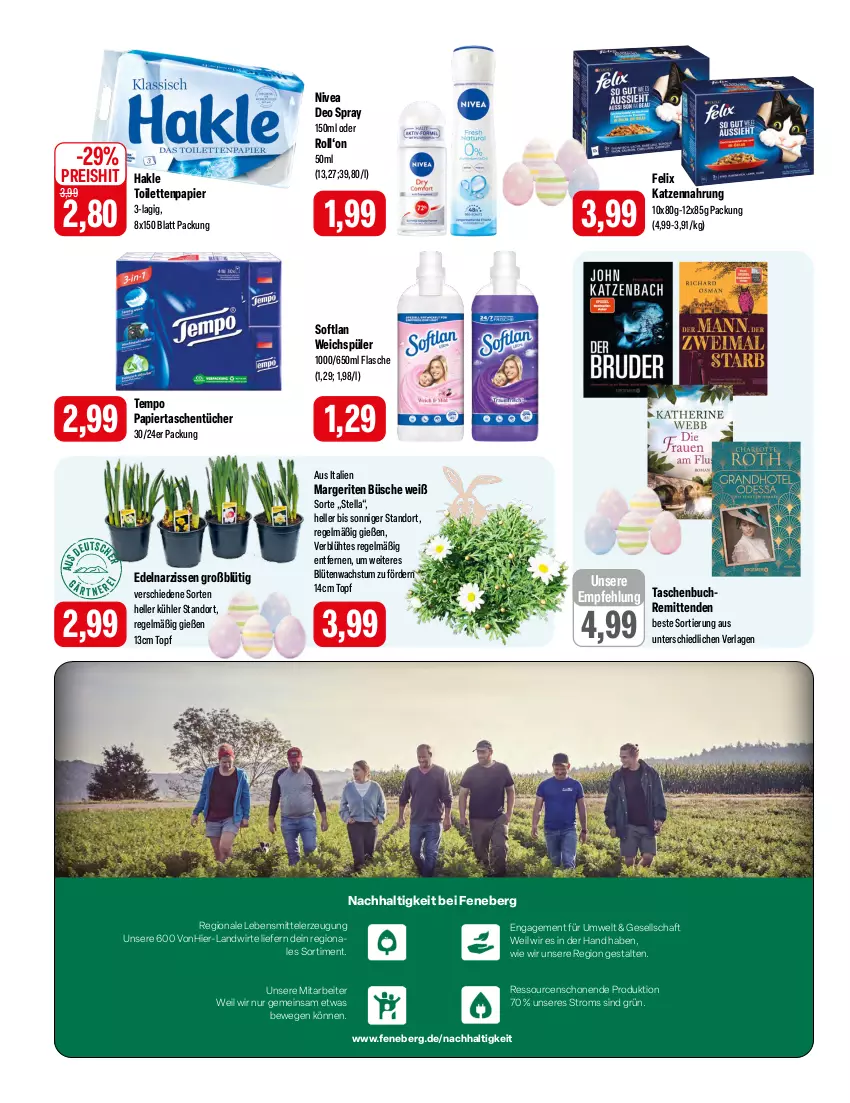 Aktueller Prospekt Feneberg - Prospekte - von 28.03 bis 30.03.2024 - strona 10 - produkty: Blüte, buch, deo, deo spray, eis, elle, felix, flasche, hakle, hakle toilettenpapier, katzennahrung, lebensmittel, Narzissen, nivea, papier, reis, Softlan, Tasche, taschen, Taschenbuch, taschentücher, Tempo, Ti, toilettenpapier, topf, tücher, weichspüler