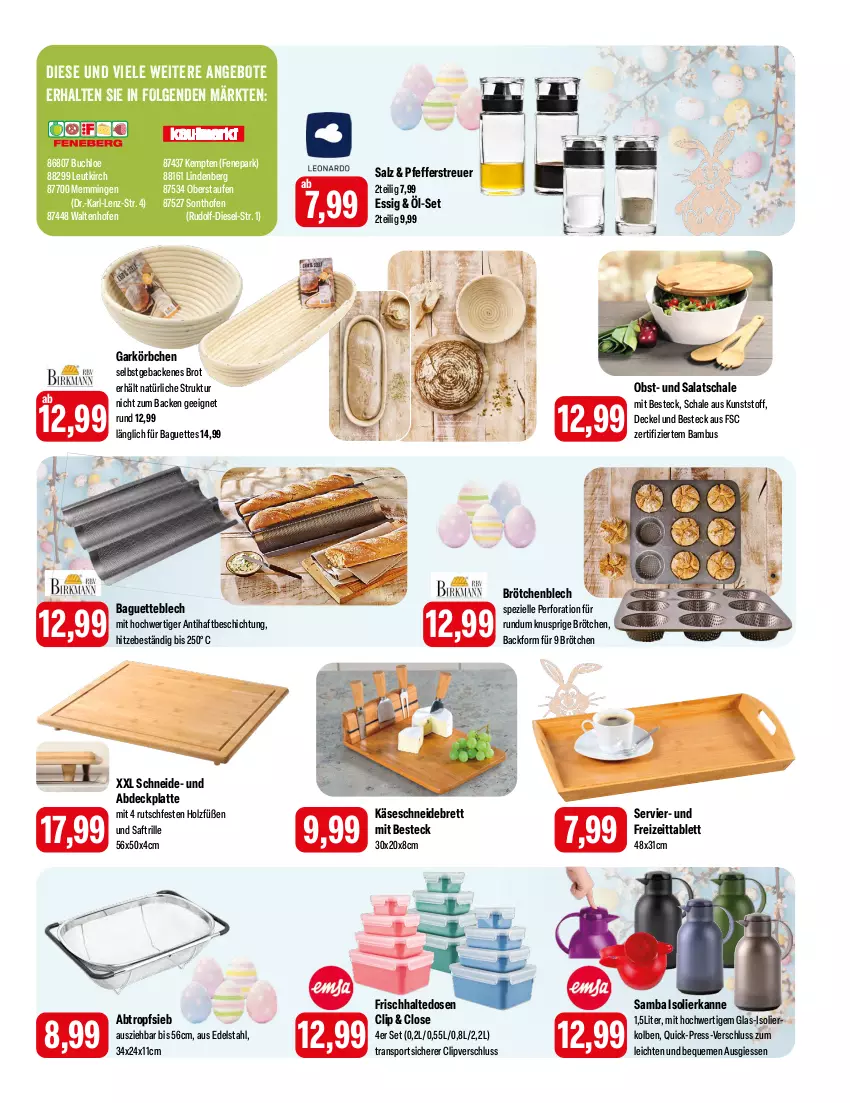 Aktueller Prospekt Feneberg - Prospekte - von 28.03 bis 30.03.2024 - strona 11 - produkty: angebot, angebote, Backform, baguette, baguettes, bambus, besteck, brot, brötchen, Brötchenblech, buch, chloe, decke, Deckel, Diesel, edelstahl, elle, emmi, essig, frischhaltedosen, geback, Holz, isolierkanne, Käse, Körbchen, latte, LG, obst, Ofen, pfeffer, Pfefferstreuer, saft, salat, salz, Schal, Schale, schneidebrett, Spezi, Sport, tablet, tablett, Ti