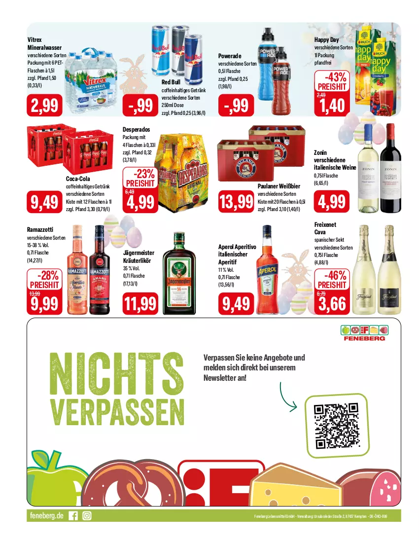 Aktueller Prospekt Feneberg - Prospekte - von 28.03 bis 30.03.2024 - strona 12 - produkty: Alwa, angebot, angebote, aperitif, aperol, bier, Cava, coca-cola, coffein, cola, desperados, eis, flasche, freixenet, Germ, getränk, Happy Day, jägermeister, kräuter, kräuterlikör, lebensmittel, likör, Meister, mineralwasser, Paula, paulaner, rama, ramazzott, ramazzotti, red bull, reis, sekt, Ti, vitrex, wasser, wein, weine, zonin, zott