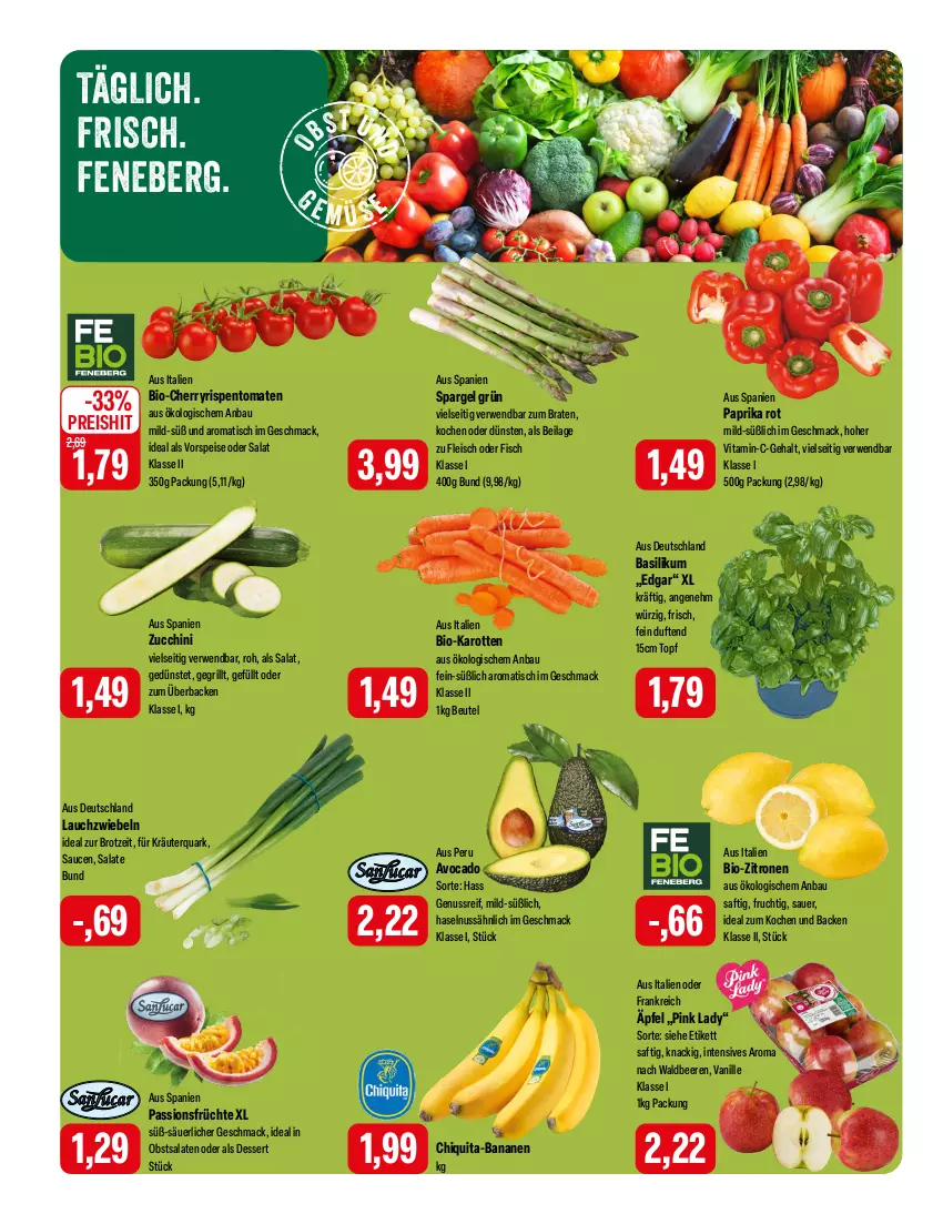 Aktueller Prospekt Feneberg - Prospekte - von 28.03 bis 30.03.2024 - strona 6 - produkty: auer, avocado, banane, bananen, basilikum, Bau, beere, beeren, beutel, bio, bio-karotten, bio-zitronen, braten, brot, chiquita, dessert, eis, fisch, fleisch, frucht, früchte, grill, haselnuss, ilag, karotten, kräuter, Lauchzwiebel, lauchzwiebeln, mac, nuss, obst, paprika, paprika rot, Pink Lady, quark, reis, rispentomaten, rwe, saft, salat, salate, sauce, saucen, spargel, spargel grün, Ti, tisch, tomate, tomaten, topf, vanille, vita, vorspeise, zitrone, zitronen, zucchini, zwiebel, zwiebeln