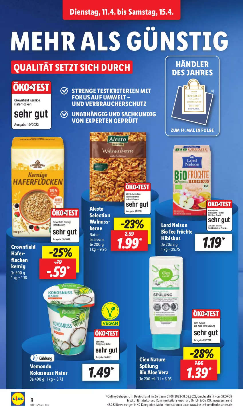 Aktueller Prospekt Lidl - Aktionsprospekt - von 11.04 bis 15.04.2023 - strona 10 - produkty: alesto, aloe vera, beutel, bio, Cien, discount, erde, früchte, hafer, haferflocken, kokos, kokosnuss, LG, natur, nuss, Rauch, sac, spülung, tee, Ti, tisch, walnuss, walnusskerne