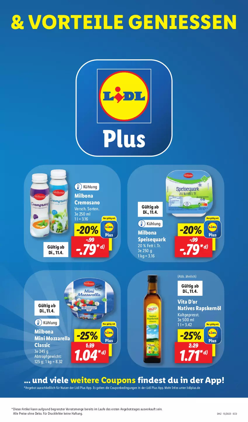 Aktueller Prospekt Lidl - Aktionsprospekt - von 11.04 bis 15.04.2023 - strona 13 - produkty: angebot, Bona, coupon, coupons, eis, Milbona, mozzarella, quark, reis, rel, speisequark, Ti, vita, ZTE