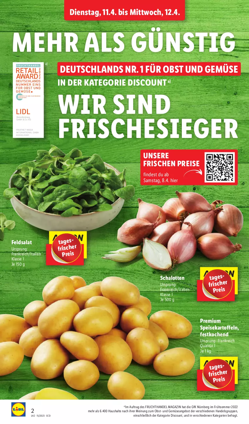 Aktueller Prospekt Lidl - Aktionsprospekt - von 11.04 bis 15.04.2023 - strona 2 - produkty: angebot, discount, eis, ente, feldsalat, frucht, kartoffel, kartoffeln, magazin, obst, Obst und Gemüse, reis, salat, Schal, Schalotte, speisekartoffeln, Ti, und gemüse