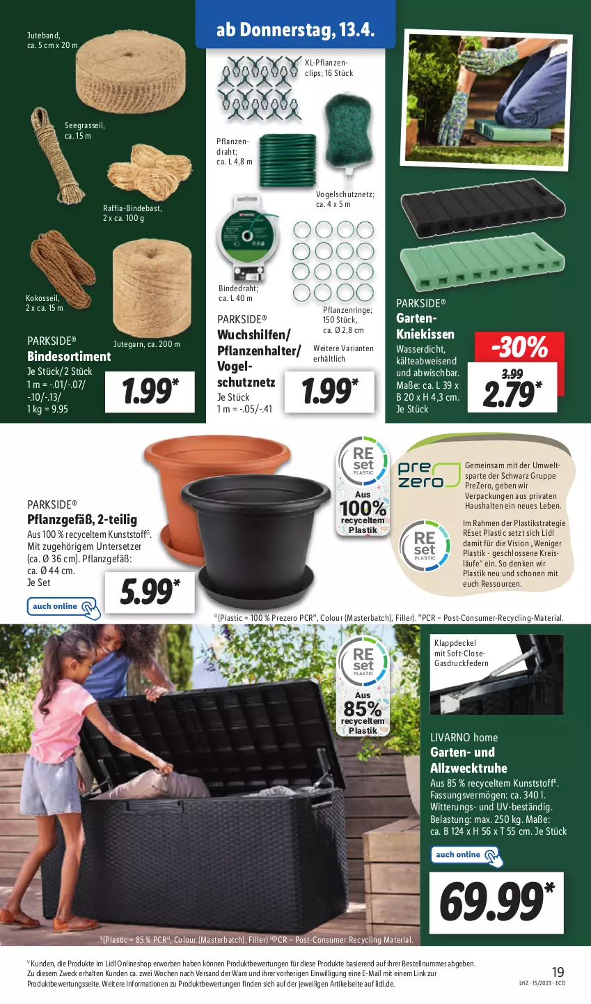 Aktueller Prospekt Lidl - Aktionsprospekt - von 11.04 bis 15.04.2023 - strona 23 - produkty: asti, Clin, decke, Deckel, Draht, eis, Garten, HP, kissen, Kniekissen, kokos, Parkside, pflanze, pflanzen, reis, Ria, ring, Schutznetz, Ti, Untersetzer, wasser, weck