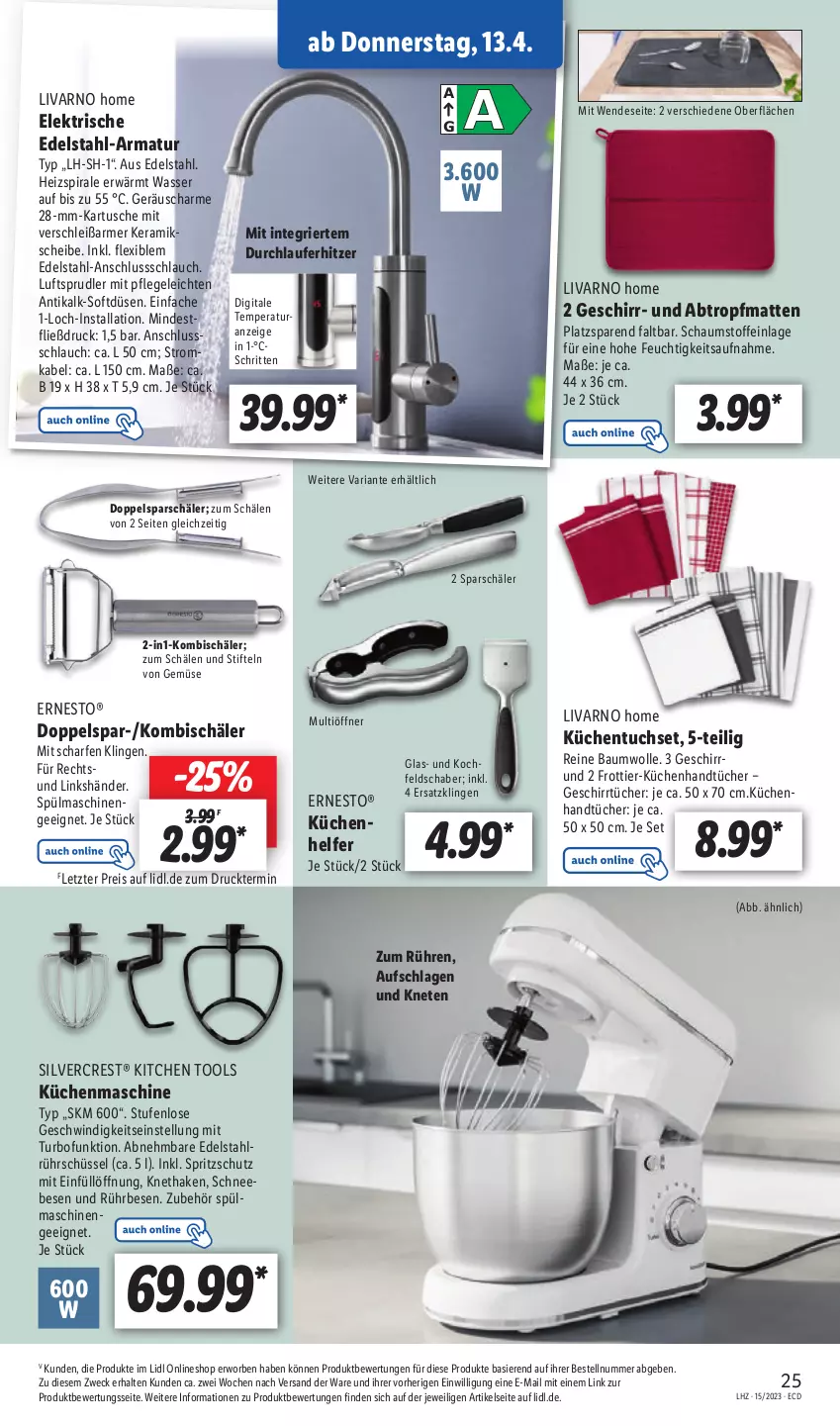 Aktueller Prospekt Lidl - Aktionsprospekt - von 11.04 bis 15.04.2023 - strona 29 - produkty: armatur, Bau, baumwolle, edelstahl, eis, ernesto, geschirr, geschirrtücher, handtücher, kochfeld, küche, Küchen, küchenmaschine, reine baumwolle, reis, Ria, Rührschüssel, schlauch, Schneebesen, schüssel, silvercrest, Spritzschutz, spülmaschinen, stifte, Ti, tuc, tücher, wasser, weck, wolle, ZTE