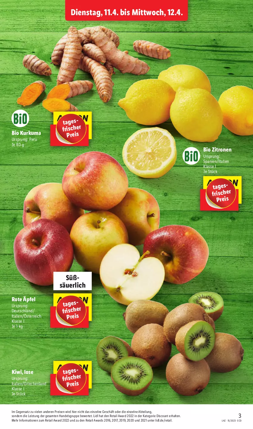 Aktueller Prospekt Lidl - Aktionsprospekt - von 11.04 bis 15.04.2023 - strona 3 - produkty: Abtei, bio, discount, eis, kiwi, reis, Ti, zitrone, zitronen