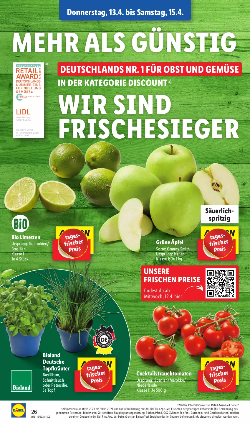 Aktueller Prospekt Lidl - Aktionsprospekt - von 11.04 bis 15.04.2023 - strona 30 - produkty: basilikum, bio, bioland, cocktail, cocktails, coupon, discount, eis, ente, erde, gutschein, kräuter, limette, limetten, Mett, metten, obst, Obst und Gemüse, petersilie, Rauch, reis, schnittlauch, strauchtomaten, telefon, Ti, tomate, tomaten, topf, Topfkräuter, Tüte, und gemüse