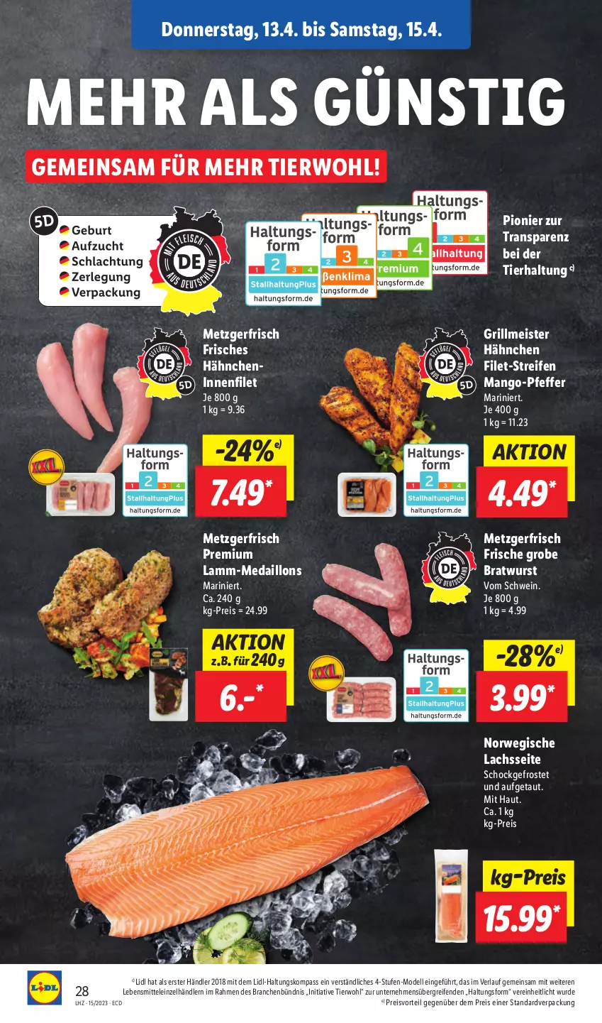 Aktueller Prospekt Lidl - Aktionsprospekt - von 11.04 bis 15.04.2023 - strona 32 - produkty: bratwurst, dell, eis, filet, grill, grobe bratwurst, lachs, lamm, Lamm-Medaillons, lebensmittel, mango, medaillons, Meister, Mode, pfeffer, preisvorteil, reifen, reis, rwe, schwein, Ti, wein, wurst