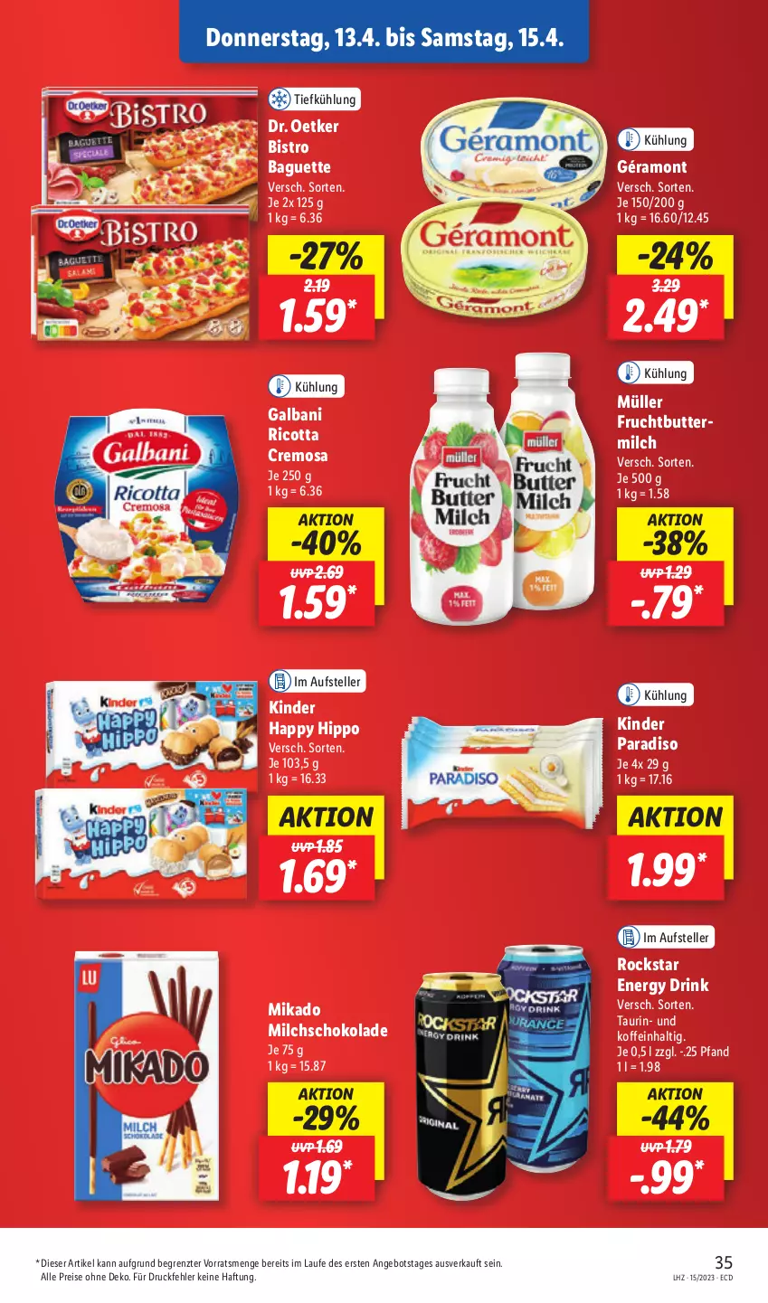 Aktueller Prospekt Lidl - Aktionsprospekt - von 11.04 bis 15.04.2023 - strona 41 - produkty: angebot, baguette, Bistro Baguette, butter, buttermilch, Dr. Oetker, drink, eis, elle, energy drink, frucht, galbani, géramont, hipp, Kinder, mikado, milch, Müller, reis, ricotta, Rockstar, schoko, schokolade, teller, Ti, ZTE