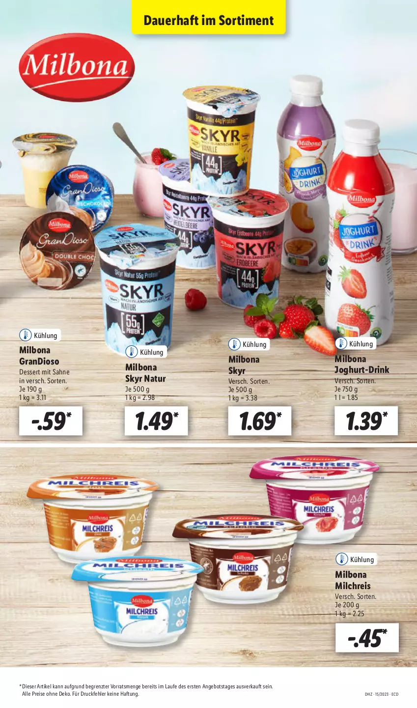 Aktueller Prospekt Lidl - Aktionsprospekt - von 11.04 bis 15.04.2023 - strona 7 - produkty: angebot, auer, Bona, dessert, drink, eis, joghur, joghurt, Milbona, milch, milchreis, natur, reis, sahne, Skyr, Ti, ZTE