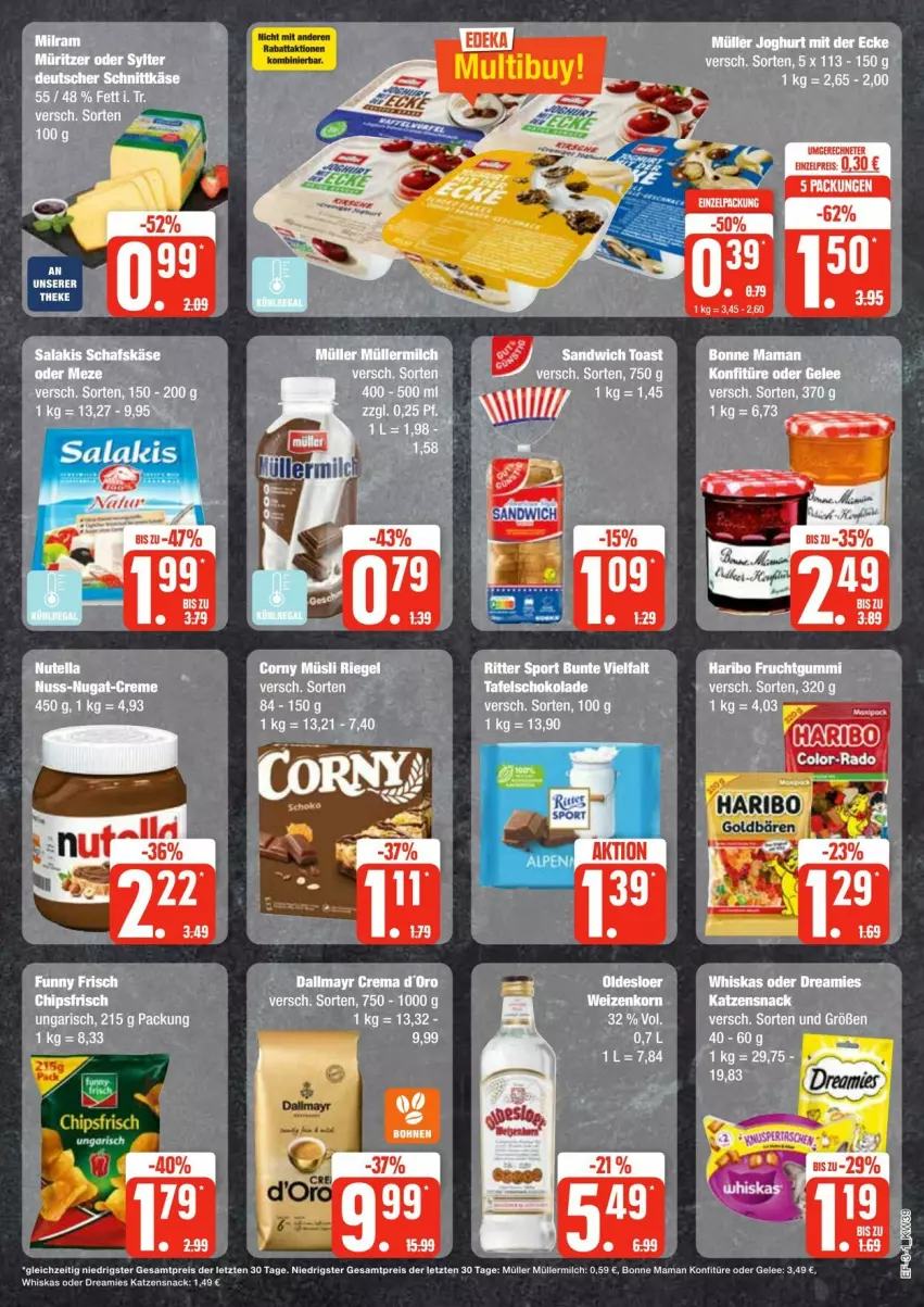 Aktueller Prospekt Edeka - Prospekte - von 21.09 bis 28.09.2024 - strona 3 - produkty: bonne maman, chips, chipsfrisch, corny, creme, dallmayr, deutscher schnittkäse, dreamies, eis, gelee, Käse, katzensnack, konfitüre, mam, milch, Müller, müllermilch, müsli, nuss, nuss-nugat-creme, reis, riegel, ritter, ritter sport, salakis, schnittkäse, schoko, schokolade, snack, Sport, tafelschokolade, tee, Ti, whiskas, ZTE