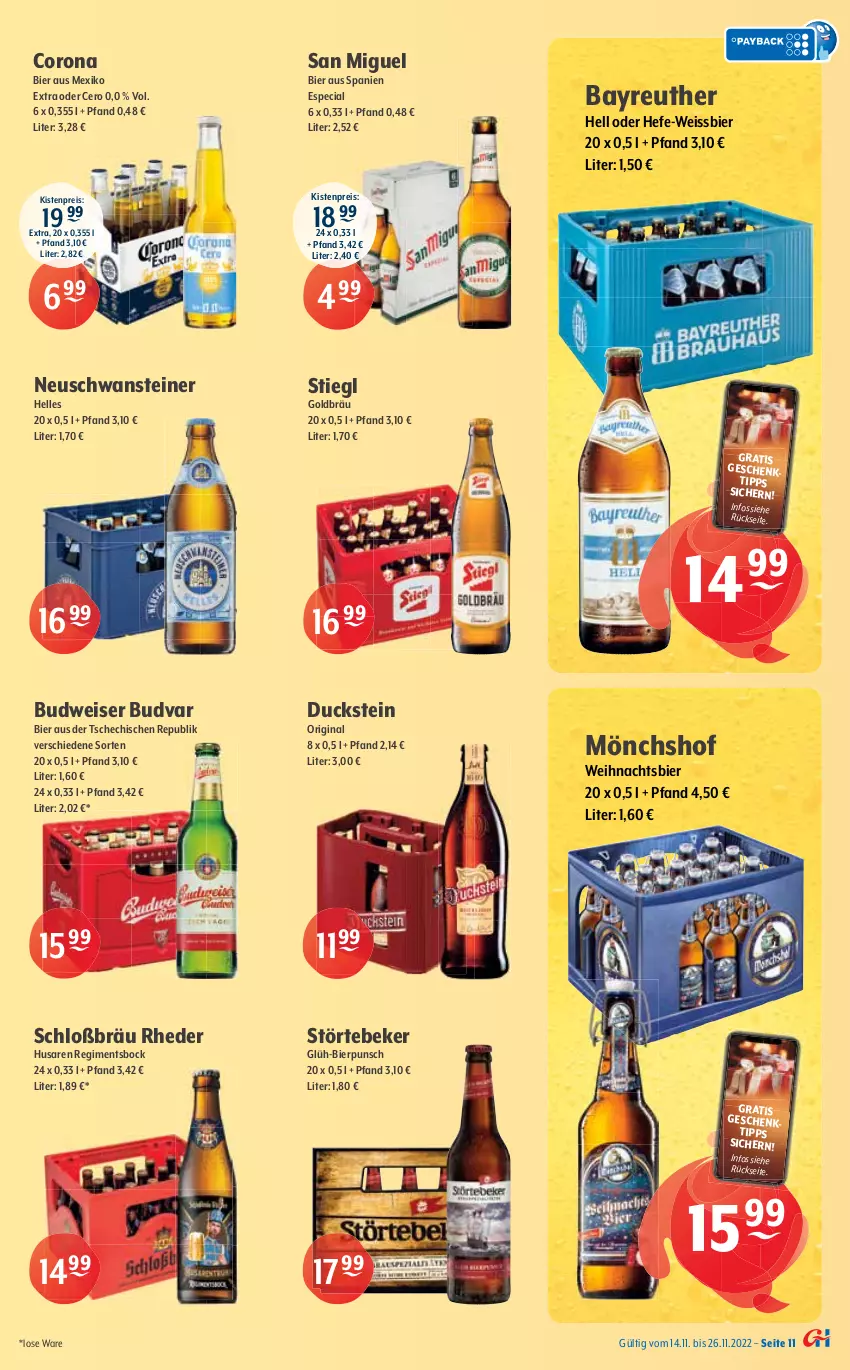 Aktueller Prospekt Getraenke Hoffmann - Prospekte - von 14.11 bis 26.11.2022 - strona 11 - produkty: alkohol, Berger, bier, budweiser, carlsberg, corona, Duck, eis, elle, gin, Hefe, jever, mönchshof, Paula, paulaner, pils, pilsner, radeberger, radeberger pilsner, reis, steiner, Stiegl, Stollen, störtebeker, Ti, warsteiner, weissbier