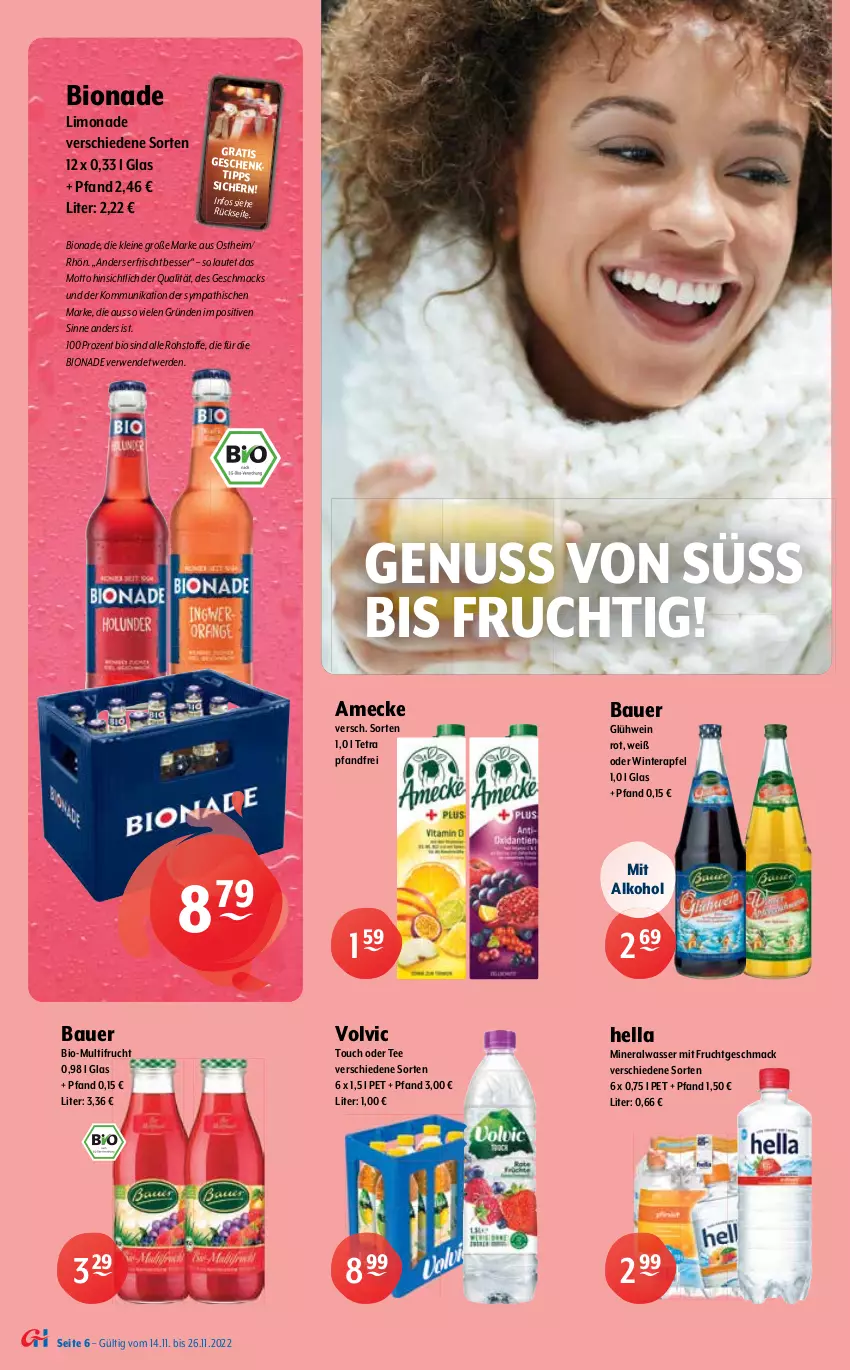 Aktueller Prospekt Getraenke Hoffmann - Prospekte - von 14.11 bis 26.11.2022 - strona 6 - produkty: alkohol, Alwa, amecke, apfel, Apotheke, auer, Bau, Bauer, beere, bio, bionade, Blutorange, BraTee, coca-cola, cola, deit, Elephant Bay, ente, erde, erfrischungsgetränk, frucht, getränk, gin, Glühwein, grapefruit, Happy Day, hella, Heu, Hohes C, ice tea, johannisbeere, kirsch, kirsche, leine, LG, limo, limonade, mac, mineralwasser, Mio Mio, mit frucht, nuss, ohne alkohol, orange, pflanze, pflanzen, Rauch, rwe, Sport, tee, Ti, vita, volvic, wasser, wein, zitrone