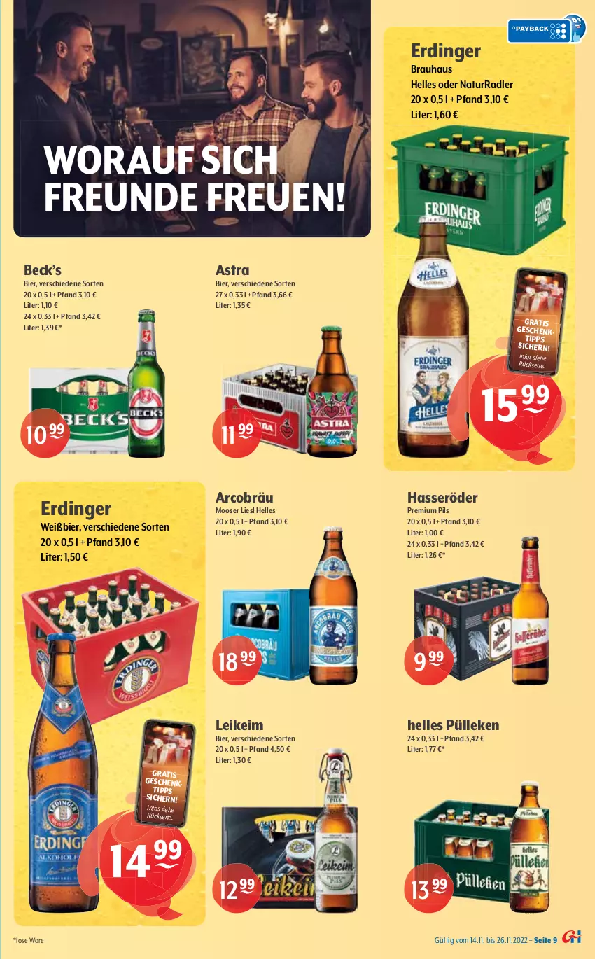 Aktueller Prospekt Getraenke Hoffmann - Prospekte - von 14.11 bis 26.11.2022 - strona 9 - produkty: Alwa, Astra, auer, bier, bio, bismarck, brunnen, elle, erde, erdinger, gerolsteine, gerolsteiner, hasseröder, mineralwasser, natur, naturland, natürliches mineralwasser, pils, premium pils, radler, rel, RhönSprudel, Sprudel, steiner, Ti, vöslauer, wasser