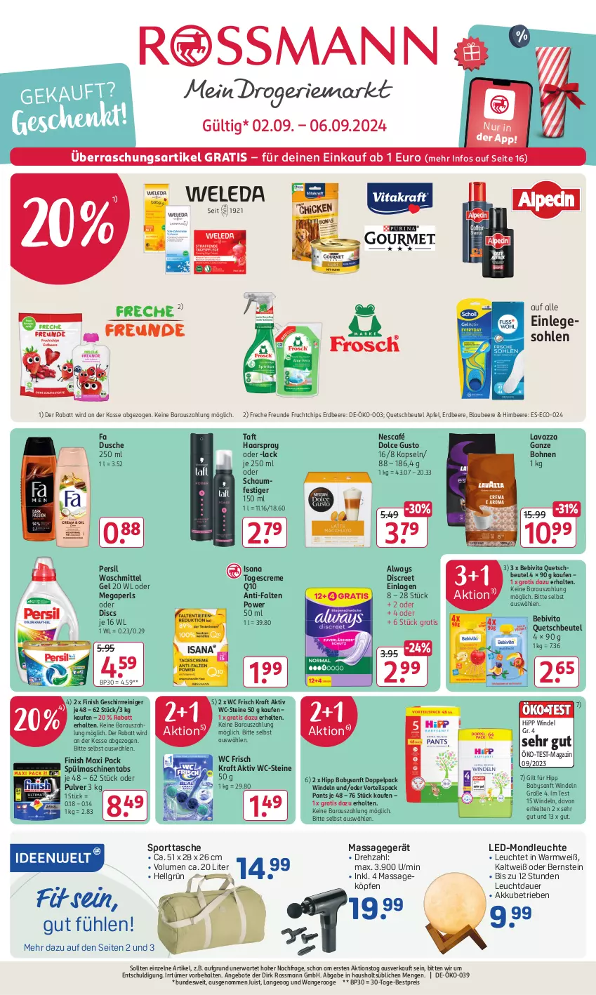 Aktueller Prospekt Rossmann - Prospekte - von 02.09 bis 06.09.2024 - strona 1 - produkty: akku, Alwa, Always, angebot, angebote, apfel, auer, bebivita, beere, bestpreis, beutel, Blaubeer, blaubeere, bohne, bohnen, chips, creme, Discreet, dolce gusto, dusche, eis, erdbeere, Finish, freche freunde, frucht, geschirr, haarspray, himbeer, himbeere, hipp, isana, kraft, lack, lavazza, lavazza ganze bohne, Leuchte, LG, magazin, Massagegerät, megaperls, Nescafé, oder schaumfestiger, Pants, persil, persil waschmittel, Q10, quetschbeutel, reiniger, reis, sana, schaumfestiger, Sport, sporttasche, spülmaschinen, spülmaschinentabs, Taft, tagescreme, Tasche, Ti, vita, waschmittel, wc frisch, WC Frisch Kraft Aktiv, WC-Steine, windeln