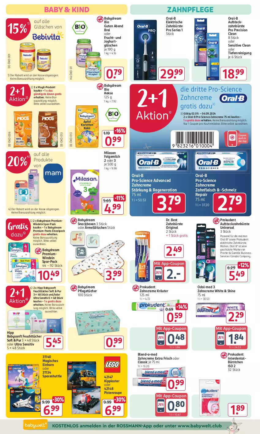 Aktueller Prospekt Rossmann - Prospekte - von 02.09 bis 06.09.2024 - strona 12 - produkty: aust, babydream, Bau, bio, blend-a-med, Brei, bürste, Cien, coupon, creme, Dr. Best, eis, elektrische zahnbürste, erde, feuchttücher, fleisch, folgemilch, frucht, gin, hipp, joghur, joghurt, keks, kekse, kräuter, Lätzche, LG, milch, Odol, Odol-med 3, oral-b, Pants, precision clean, Prokudent, Reinigung, snack, spartipp, Ti, tücher, windeln, zahnbürste, zahncreme, ZTE