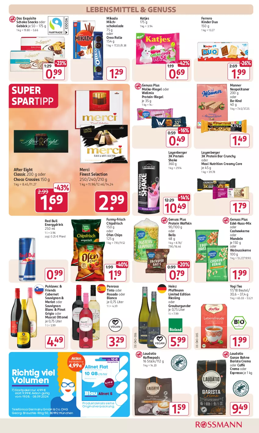 Aktueller Prospekt Rossmann - Prospekte - von 02.09 bis 06.09.2024 - strona 13 - produkty: after eight, ball, Be-Kind, Berger, beutel, bohne, burgunder, cabernet, cabernet sauvignon, caffè crema, Cashew, cashewkerne, chips, chipsfrisch, choco crossies, crossies, drink, espresso, ferrero, funny-frisch, Germ, gin, grauburgunder, heinz, kaffee, kaffeepads, katjes, Kinder, lebensmittel, mandel, mandeln, Manner, merci, merl, merlot, mikado, milch, muscat, nuss, oder espresso, Ofen, oreo, Pinot, pinot grigio, Rauch, red bull, riegel, riesling, ring, sauvignon, sauvignon blanc, schoko, schokolade, shake, snack, snacks, spartipp, Ti, waffeln, walnuss, walnusskerne, Yo