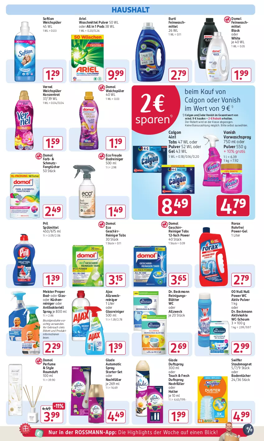 Aktueller Prospekt Rossmann - Prospekte - von 02.09 bis 06.09.2024 - strona 14 - produkty: ajax, allzweckreiniger, ariel, ariel waschmittel, auto, Bad, bio, biozidprodukte, Bodentücher, burti, calgon, Domol, Dr. Beckmann, Duftspray, eis, Fangtücher, feinwaschmittel, geschirr, Glade, Glasreiniger, küche, Küchen, lack, LG, Meister, meister proper, Pods, power-gel, pril, Rauch, Raumduft, reiniger, Reinigung, rorax, rwe, Softlan, spülmittel, staubmagnet, swiffer, Ti, tücher, vanish, vernel, waschmittel, weck, weichspüler