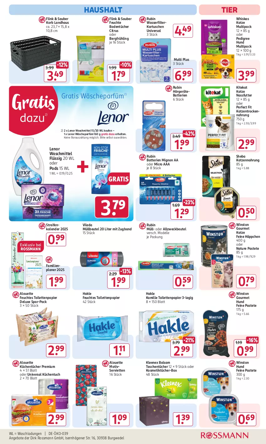 Aktueller Prospekt Rossmann - Prospekte - von 02.09 bis 06.09.2024 - strona 15 - produkty: Allzweckbeutel, alouette, angebot, angebote, balsam, batterie, batterien, beutel, Bodentücher, citrus, dell, elle, Familienplaner, feuchtes toilettenpapier, filterkartuschen, hakle, Kamill, kamille, katzennahrung, kitekat, korb, kosmetik, Kosmetiktücher, Kosmetiktücher-Box, küche, Küchen, küchentücher, lenor, lenor waschmittel, Mode, müllbeutel, nassfutter, natur, papier, pastete, pedigree, Perfect Fit, Pods, reifen, Rubin, Serviette, servietten, sheba, Tasche, taschen, taschentücher, Ti, toilettenpapier, Trockennahrung, tuc, tücher, vileda, wäscheparfüm, waschmittel, wasser, wasserfilter, weck, wedel, whiskas