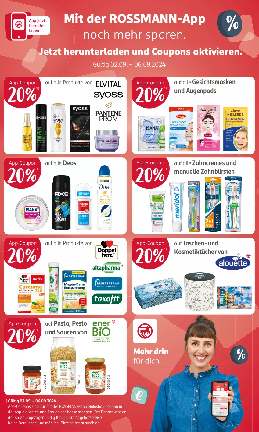 Aktueller Prospekt Rossmann - Prospekte - von 02.09 bis 06.09.2024 - strona 17 - produkty: angebot, angebotspreis, bürste, bürsten, coupon, coupons, creme, deo, eis, elle, Gesichtsmaske, kosmetik, Kosmetiktücher, Maske, pasta, pesto, reis, sauce, saucen, Tasche, taschen, Ti, tücher, zahnbürste, zahnbürsten, zahncreme