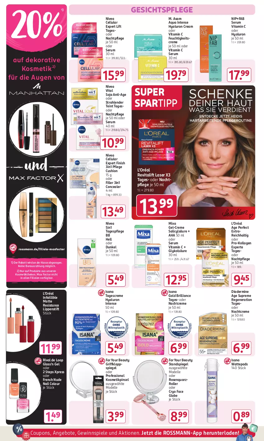 Aktueller Prospekt Rossmann - Prospekte - von 02.09 bis 06.09.2024 - strona 6 - produkty: angebot, angebote, aqua, coupon, coupons, creme, dell, Diadermine, elle, feuchtigkeitscreme, Finish, For Your Beauty, gesichtspflege, gewinnspiel, hyaluron, isana, Kollagen, kosmetik, Lippenstift, Max Factor, Mixa, Mode, nachtcreme, nachtpflege, nivea, Pinsel, Revital, revitalift, Roller, rosen, rum, sana, Serum, soja, spartipp, spiegel, Spiele, Standspiegel, tagescreme, Tagespflege, Ti, vita, Vitamin C, wattepads, Yo