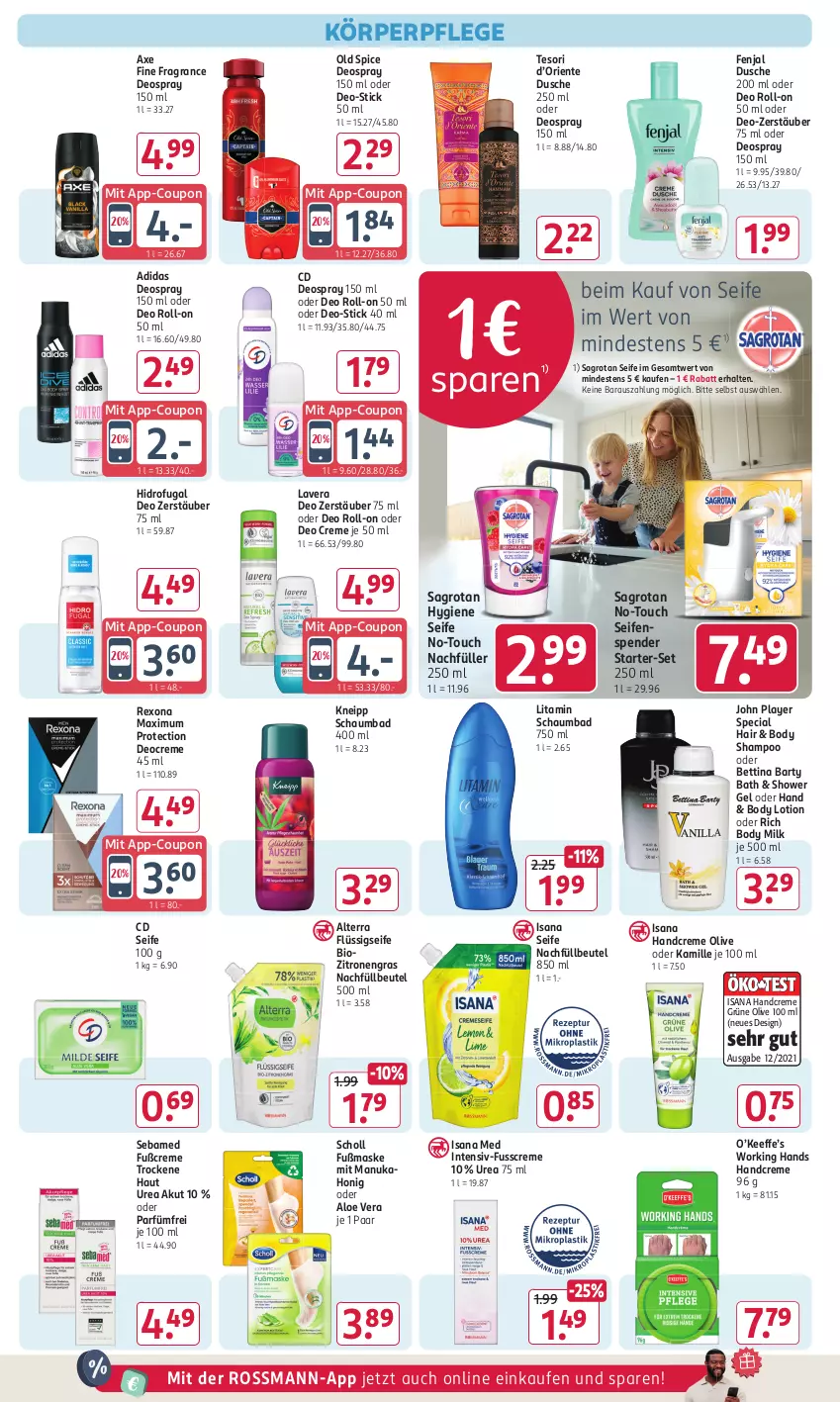 Aktueller Prospekt Rossmann - Prospekte - von 02.09 bis 06.09.2024 - strona 8 - produkty: Adidas, aloe vera, alterra, axe, Bad, bett, beutel, bio, body, body lotion, body milk, coupon, creme, deo, deo roll-on, Deocreme, deospray, deospray 150 ml, dusche, ente, flüssigseife, handcreme, honig, isana, Kamill, kamille, kneipp, körperpflege, lavera, Lotion, Maske, nuk, oder deo roll-on, oder deospray, Old Spice, olive, rexona, roll-on, sagrotan, sana, schaumbad, scholl, sebamed, Seife, seifenspender, shampoo, Ti, zitrone, zitronen