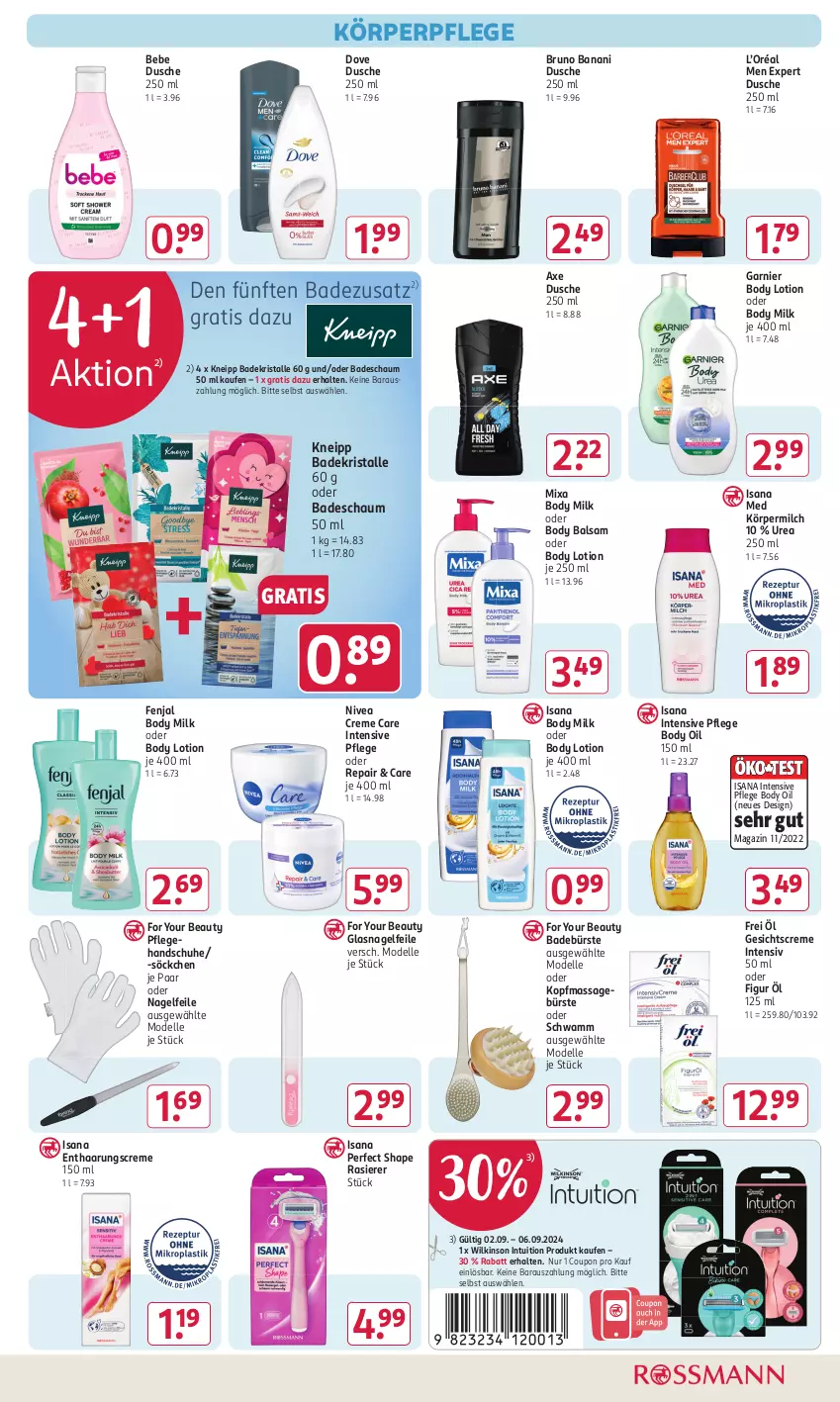 Aktueller Prospekt Rossmann - Prospekte - von 02.09 bis 06.09.2024 - strona 9 - produkty: axe, Bad, Badekristalle, balsam, Bebe, body, body lotion, body milk, bruno banani, bürste, coupon, creme, dell, dove, dusche, elle, For Your Beauty, garnier, Gesichtscreme, handschuhe, isana, kneipp, körperpflege, Lotion, magazin, milch, Mixa, Mode, Nagelfeile, nivea, rasierer, sana, schuhe, schwamm, söckchen, Ti, wilkinson, Yo