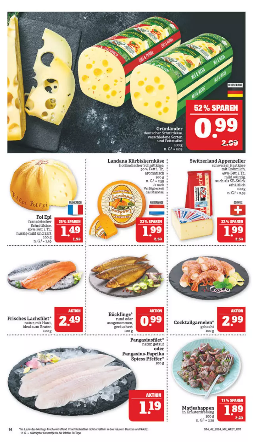 Aktueller Prospekt Marktkauf - Prospekt - von 13.10 bis 19.10.2024 - strona 14 - produkty: appenzeller, Bau, braten, cocktail, dressing, eier, eis, elle, filet, fisch, fol epi, frischfisch, garnelen, grünländer, hartkäse, holländischer schnittkäse, ideal zum braten, Käse, kräuter, Kürbis, lachs, lachsfilet, LG, matjes, milch, natur, nuss, Pangasius, paprika, pfeffer, reis, ring, schnittkäse, schweizer hartkäse, Ti, tisch