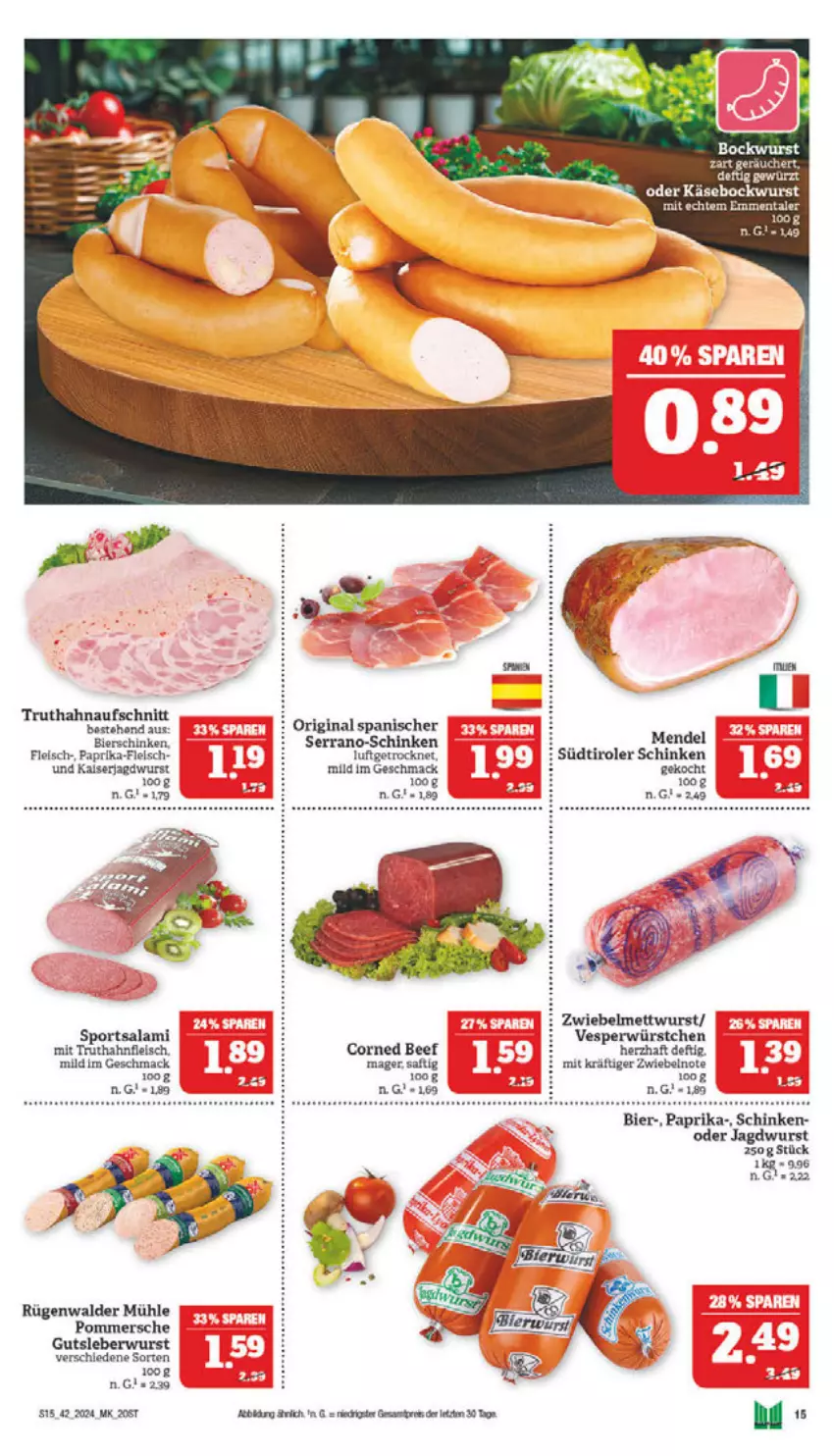 Aktueller Prospekt Marktkauf - Prospekt - von 13.10 bis 19.10.2024 - strona 15 - produkty: aufschnitt, beef, bier, bierschinken, bockwurst, corned beef, eis, emmentaler, fleisch, gin, gutsleberwurst, jagdwurst, Käse, leberwurst, mac, Mett, mettwurst, paprika, Pommersche, rügenwalder, rügenwalder mühle, saft, salami, schinken, serrano, Sport, südtiroler, tee, Ti, truthahn, wurst, würstchen, zwiebel, zwiebelmettwurst, zwiebeln