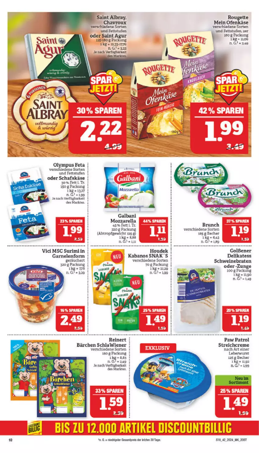 Aktueller Prospekt Marktkauf - Prospekt - von 13.10 bis 19.10.2024 - strona 18 - produkty: albray, Becher, braten, eier, eis, feta, galbani, garnelen, houdek, kabanos, Käse, leberwurst, mozzarella, Ofen, Ofenkäse, Paw Patrol, reinert, reis, rel, rouge, rougette, Saint Agur, saint albray, schafskäse, schwein, schweine, schweinebraten, wein, weine, wiener, wurst