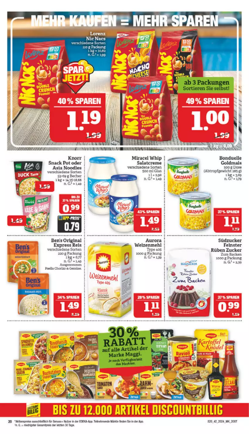 Aktueller Prospekt Marktkauf - Prospekt - von 13.10 bis 19.10.2024 - strona 20 - produkty: aktionspreis, Becher, bonduelle, chorizo, creme, deka, eis, elle, gin, Goldmais, knorr, mais, mehl, miracel, miracel whip, nuss, paella, reis, salat, salatcreme, snack, südzucker, tee, Ti, type 405, weizenmehl, zucker