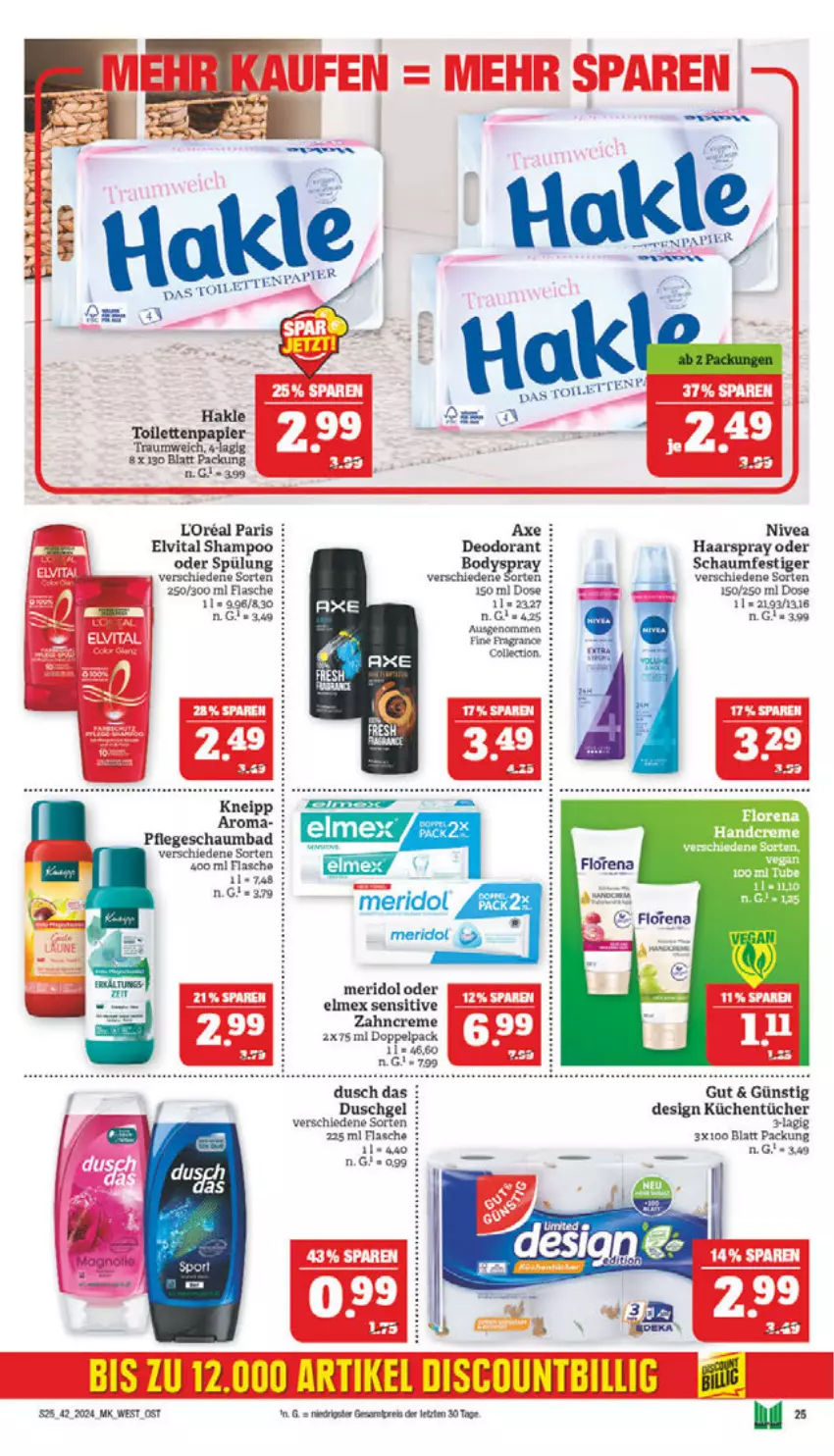 Aktueller Prospekt Marktkauf - Prospekt - von 13.10 bis 19.10.2024 - strona 25 - produkty: axe, Bad, body, bodyspray, creme, deo, deodorant, duschgel, eis, elmex, elvital, flasche, haarspray, hakle, kneipp, küche, Küchen, küchentücher, loreal, meridol, nivea, papier, reis, schaumbad, schaumfestiger, shampoo, spülung, Ti, toilettenpapier, tücher, vita, zahncreme, ZTE