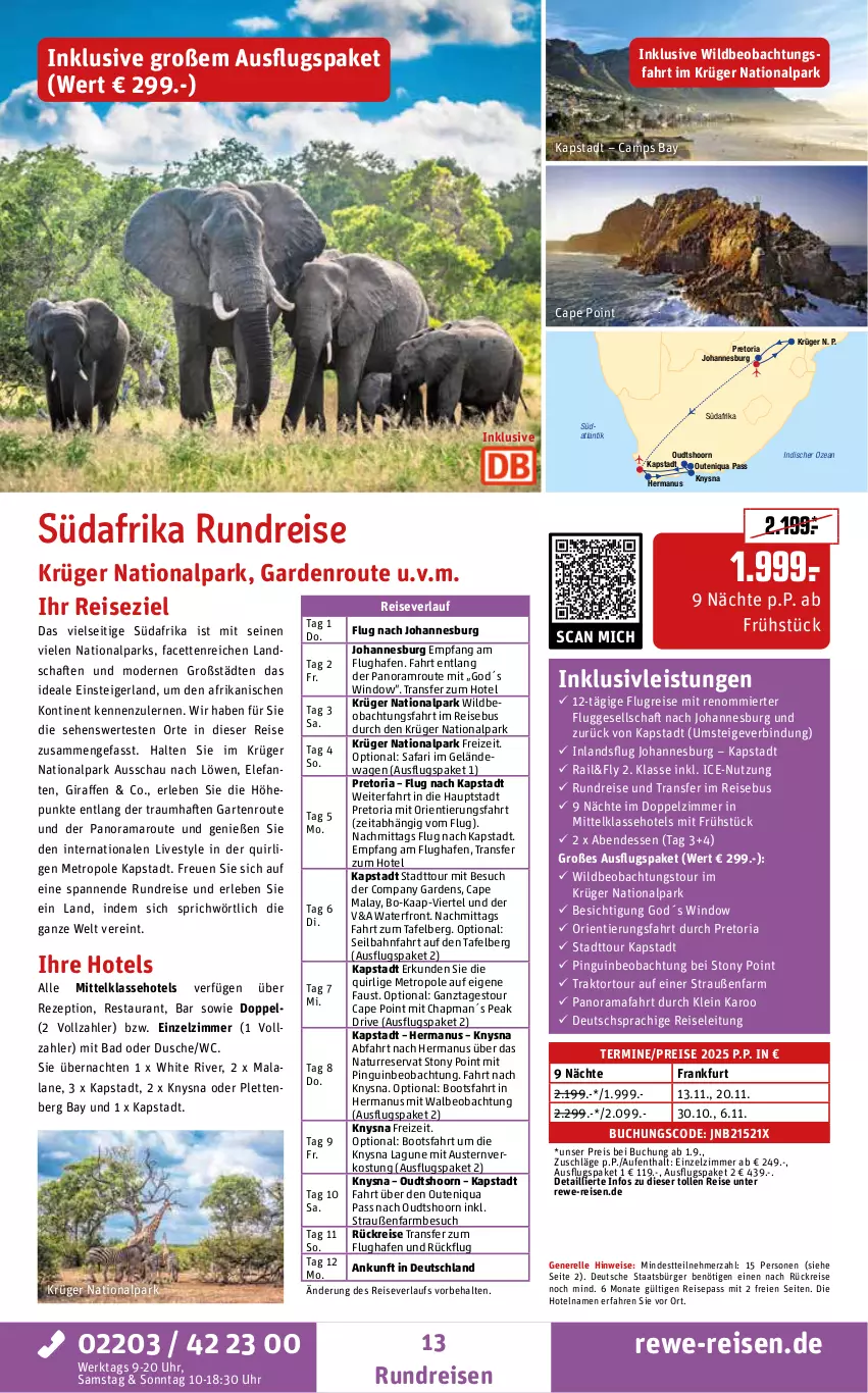 Aktueller Prospekt Rewe Reisen - Reiseprospekt - von 24.07 bis 29.08.2025 - strona 13 - produkty: amaro, aust, Austern, Bad, buch, Cap, deutschsprachige reiseleitung, dusche, eis, Elefant, elle, Garten, inklusivleistungen, krüger, Metro, Mode, natur, pingui, rama, reis, reiseverlauf, rel, rezept, Ria, Ti, uhr, Wild