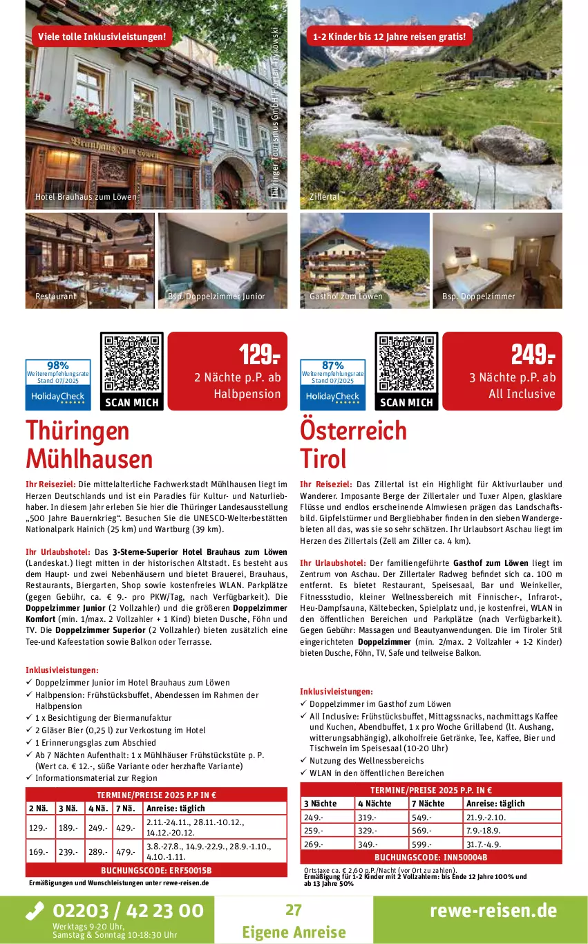 Aktueller Prospekt Rewe Reisen - Reiseprospekt - von 24.07 bis 29.08.2025 - strona 27 - produkty: alkohol, alkoholfreie getränke, auer, axe, Bau, Bauer, bier, buch, dusche, eis, elle, Faktu, Garten, getränk, getränke, Gläser, grill, Heu, inklusivleistungen, kaffee, Kinder, kuchen, leine, mühlhäuser, natur, reis, Ria, ring, rum, SANTE, schwein, snack, snacks, tee, Ti, tisch, Tüte, uhr, wein, wellnessbereich