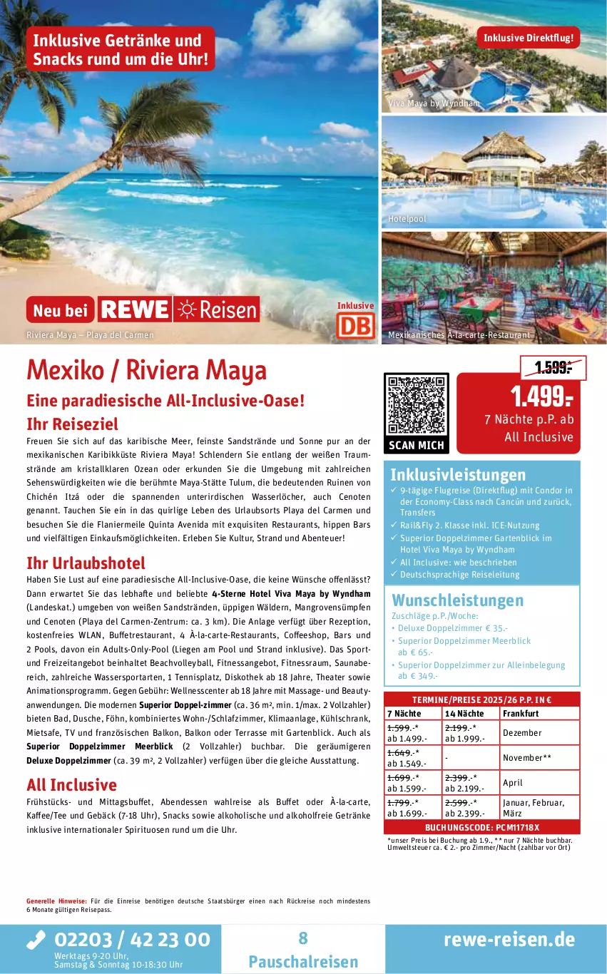 Aktueller Prospekt Rewe Reisen - Reiseprospekt - von 24.07 bis 29.08.2025 - strona 8 - produkty: alkohol, alkoholfreie getränke, angebot, Bad, ball, buch, deutschsprachige reiseleitung, dusche, eis, elle, ente, Garten, getränk, getränke, hipp, inklusivleistungen, kaffee, kühlschrank, Liege, Mode, pool, pril, reis, rel, rezept, rum, Schal, schlafzimmer, Schrank, snack, snacks, spirituosen, Sport, tee, Thea, Ti, Tulum, uhr, wasser, Wassersport