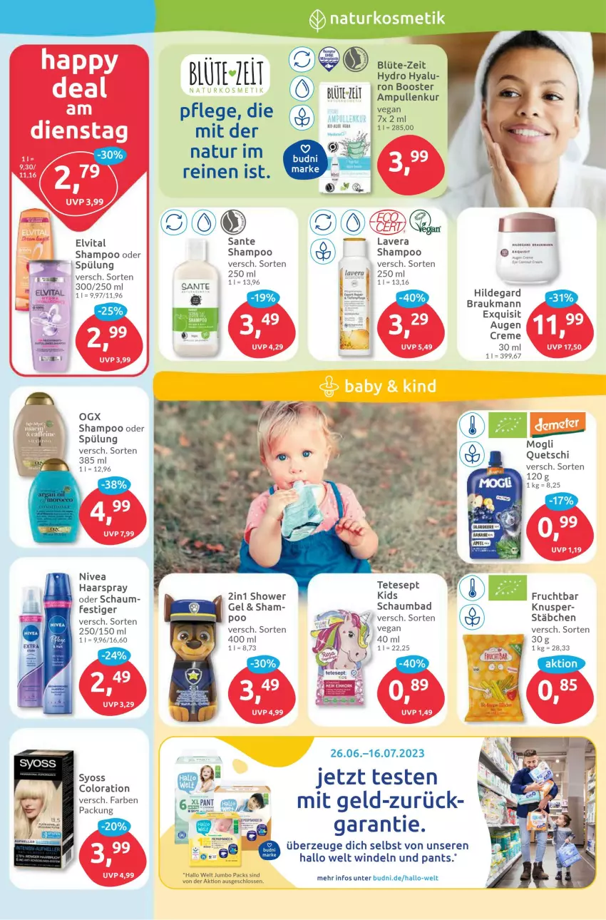 Aktueller Prospekt Budni - Prospekte - von 03.07 bis 08.07.2023 - strona 3 - produkty: Bad, Blüte, eis, elvital, frucht, haarspray, jumbo, lavera, natur, nivea, Pants, schaumbad, shampoo, spülung, syoss, Ti, vita, windeln, Yo