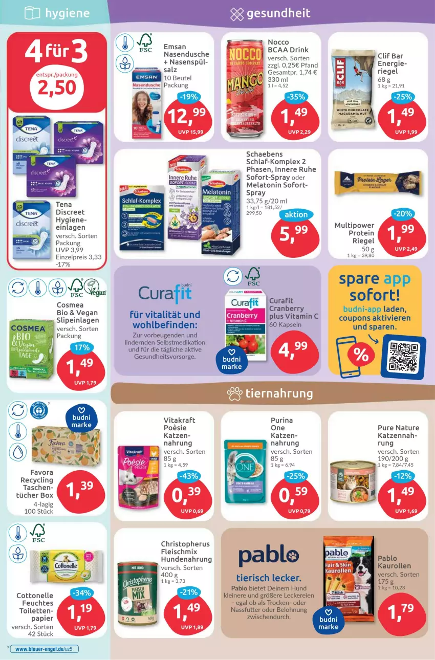 Aktueller Prospekt Budni - Prospekte - von 03.07 bis 08.07.2023 - strona 5 - produkty: auer, beutel, bio, Clin, cola, cosmea, cottonelle, coupon, coupons, cranberry, Discreet, dusche, eis, elle, emsa, Engel, fleisch, Gesundheit, hundenahrung, kraft, leine, mac, Nasendusche, nassfutter, natur, papier, purina, reis, riegel, salz, Schaebens, slip, slipeinlagen, Tasche, taschen, Ti, tücher, vita, vitakraft, Vitamin C, white chocolate