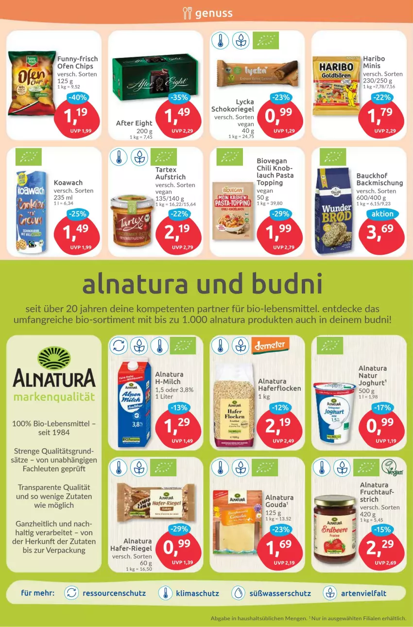 Aktueller Prospekt Budni - Prospekte - von 03.07 bis 08.07.2023 - strona 6 - produkty: after eight, aufstrich, backmischung, Bau, bio, chili, chips, decke, ente, frucht, funny-frisch, gouda, hafer, haferflocken, haribo, joghur, joghurt, lebensmittel, milch, natur, natura, Ofen, pasta, riegel, schoko, schokoriegel, Ti, wasser