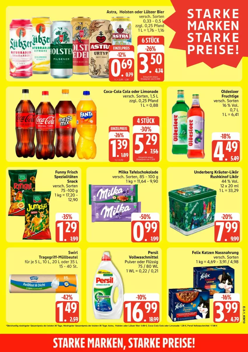 Aktueller Prospekt Edeka - Prospekte - von 02.03 bis 07.03.2026 - strona 3 - produkty: Astra, beutel, bier, coca-cola, cola, felix, frucht, Funny Frisch, holsten, likör, limo, limonade, Lübzer, milka, müllbeutel, Nassnahrung, oldesloer, persil, schoko, schokolade, snack, Spezi, swirl, tafelschokolade, Ti, tragegriff, vollwaschmittel, waschmittel