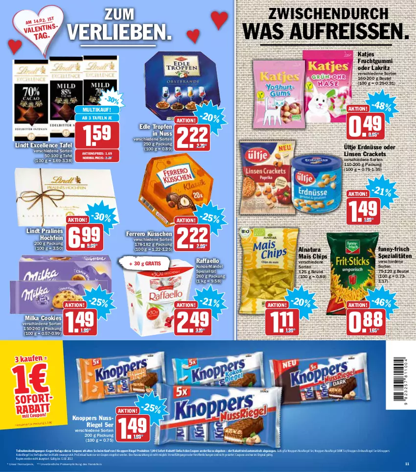 Aktueller Prospekt Aez - Prospekte - von 07.02 bis 12.02.2022 - strona 11 - produkty: aktionspreis, auto, beutel, chips, cookie, cookies, coupon, coupons, eis, elle, erde, erdnuss, erdnüsse, ferrero, Ferrero Küsschen, frucht, fruchtgummi, funny-frisch, gin, katjes, knoppers, kokos, Lakritz, lindt, linsen, mais, mandel, milka, natur, natura, nuss, nussriegel, oder lakritz, raffaello, reis, reiss, riegel, sofort-rabatt, Spezi, teller, Ti, tisch, ültje, ültje erdnüsse