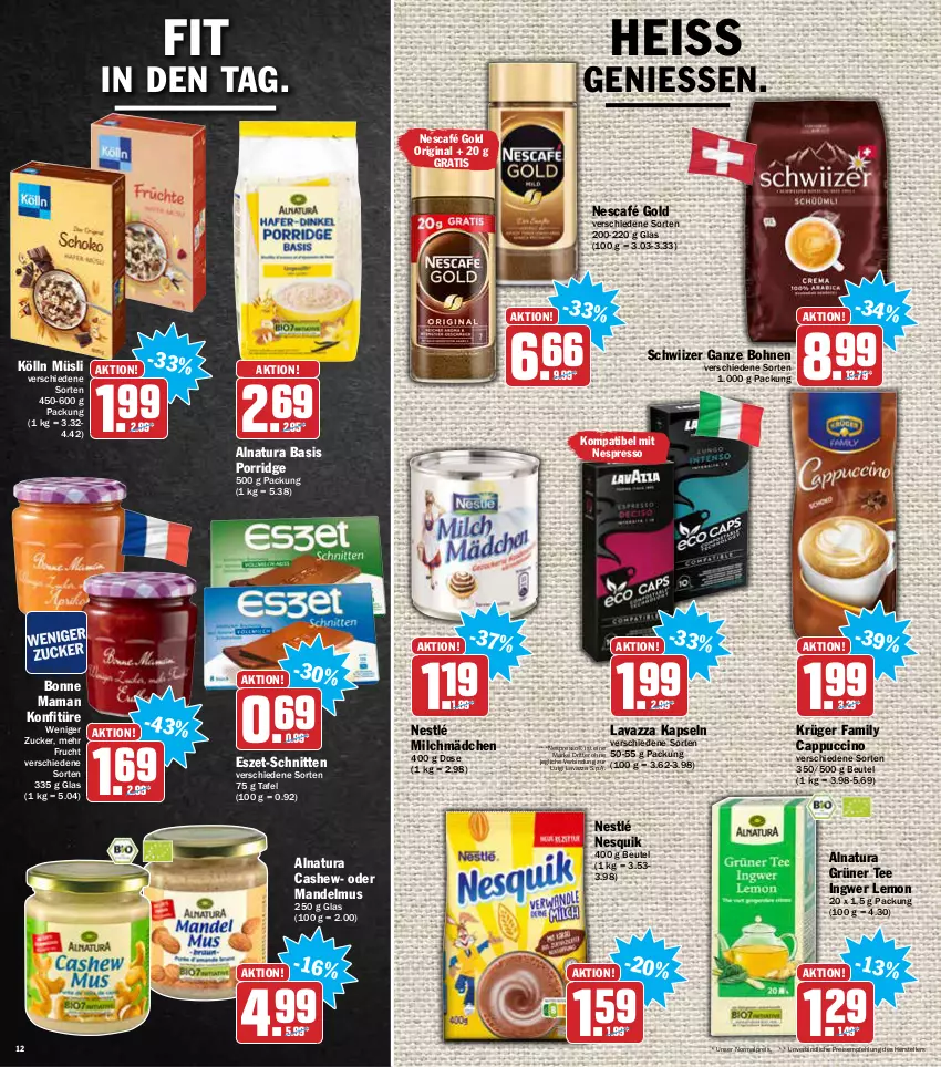 Aktueller Prospekt Aez - Prospekte - von 07.02 bis 12.02.2022 - strona 12 - produkty: beutel, bohne, bohnen, bonne maman, Cap, cappuccino, Cashew, cin, eis, elle, espresso, frucht, gin, grüner tee, ingwer, kölln, konfitüre, krüger, lavazza, mam, mandel, Mandelmus, milch, müsli, natur, natura, Nescafé, nescafé gold, nespresso, nesquik, nestlé, porridge, reis, ritter, schnitten, tee, teller, Ti, zucker