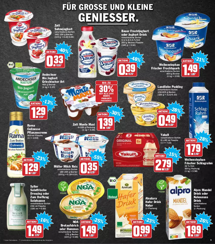 Aktueller Prospekt Aez - Prospekte - von 07.02 bis 12.02.2022 - strona 9 - produkty: alpro, auer, aufstrich, Bau, Bauer, Becher, bio, brot, brotaufstrich, creme, culinesse, dressing, drink, eis, elle, flasche, frucht, fruchtjoghurt, Fruchtquark, hafer, hummus, joghur, joghurt, kokos, kokosnuss, landliebe, leine, mandel, milch, monte, Müller, natur, natura, nuss, pflanze, pflanzen, pflanzencreme, pudding, quark, rama, Rama Culinesse, reis, sahne, Sahnejoghurt, salat, salatsauce, sauce, schlagrahm, Sylter, teller, tender, Ti, weihenstephan, zott, Zott Monte, Zum Dorfkrug